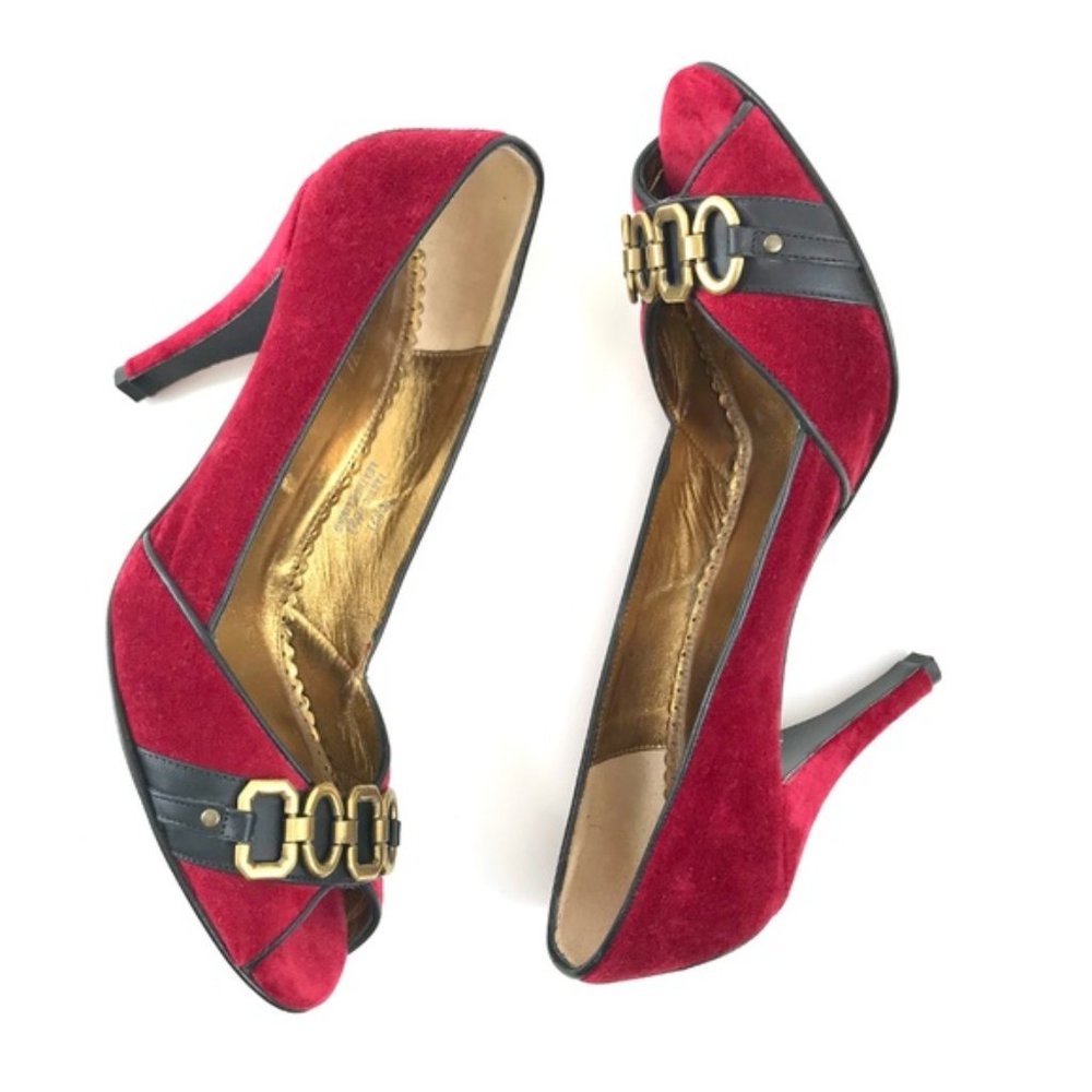 J. Crew Velvet Red burgundy Peep Toe collection high heel shoes